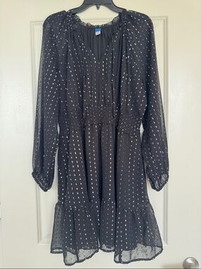 Old Navy Black Long-Sleeve Smocked-Waist Dress with Silver Dot Print